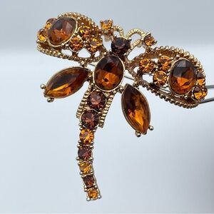 Vintage Gold Tone Dragonfly Brooch with Amber Topaz Rhinestones